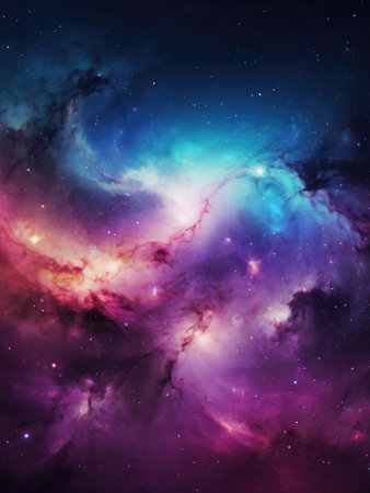 A vibrant nebula showcasing swirling cosmic dust and stars in shades of purple, pink, and blue.の素材
