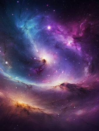 A vibrant cosmic nebula swirls with purple pink and blue hues amidst a field of distant stars.の素材