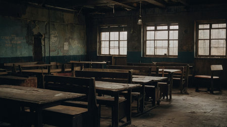The image shows an abandoned classroom with numerous old, wooden desks and chairs, showcasing decay and the passage of time.の素材