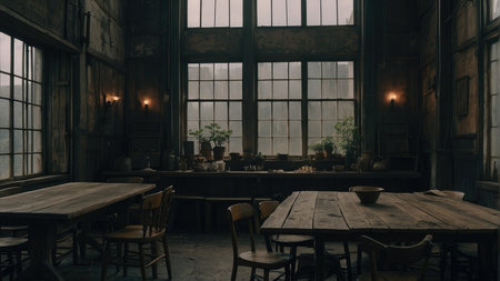 A dimly lit rustic room features aged wooden tables and chairs, large windows, potted plants, and wall-mounted lamps creating a somber atmosphere.の素材