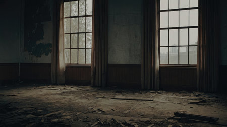 The image depicts a dilapidated room with a severely damaged floor, dusty curtains, and aged windows offering a glimpse of an external cityscape.の素材