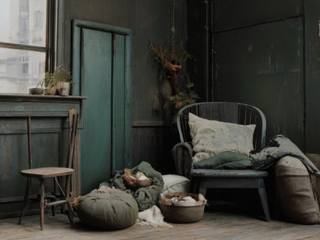 A rustic room interior featuring an old wooden chair, a small stool, and various aged objects creating a calm and cozy atmosphere.の素材