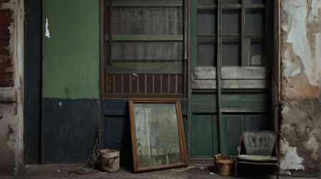 A photograph depicts an aged setting with weathered doors, a chair, a picture frame, and a decaying wall, conveying a sense of abandonment.の素材