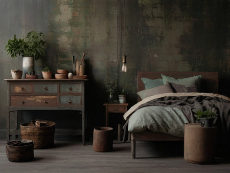 A rustic bedroom setting features an aged wooden bed, dresser, and nightstand, complemented by plants and muted tones.の素材