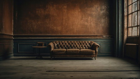 A brown leather Chesterfield sofa sits in a dimly lit, rustic room with dark walls and wooden floors.の素材