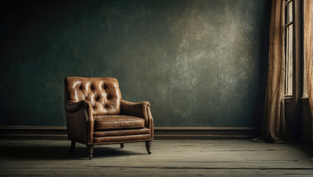 A vintage brown leather armchair sits in a dimly lit room with a textured green wall and wooden floor near a window with curtains.の素材