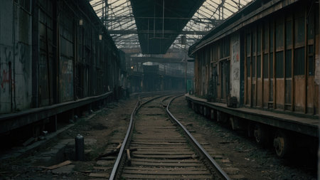 A photograph depicting an overgrown abandoned railway track splitting between two aged decaying buildings in a somber setting.の素材