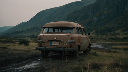 A rusty vintage station wagon sits parked on a dirt road in a remote mountainous landscape.の素材