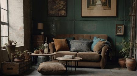 A rustic living room features a brown sofa with throw pillows, plants in various pots, and wooden coffee tables, creating a cozy atmosphere.の素材