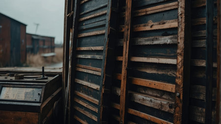 A close-up view of aged wooden structures, possibly part of an old building or machinery, situated near dilapidated buildings.の素材