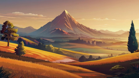 A digital painting depicting a serene landscape with a majestic mountain at sunset, showcasing golden hues across rolling hills and valleys.の素材