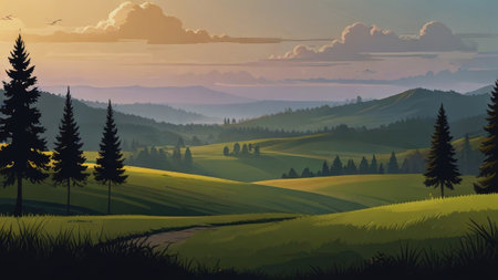 A picturesque landscape painting depicts a tranquil sunset over gently rolling green hills dotted with dark pine trees.の素材