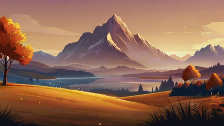 A picturesque autumn landscape showcasing a large mountain range overlooking a calm lake under a warm sunset sky.の素材
