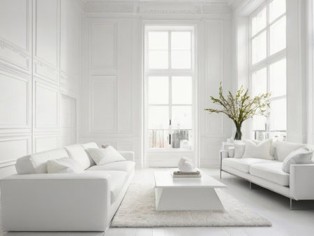 A bright, minimalist living room features white sofas, a white coffee table, and large windows letting in abundant natural light.の素材