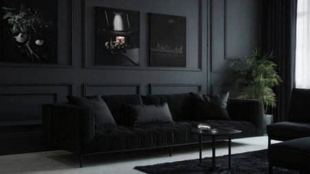 A stylish dark living room features a black velvet sofa, artwork, and a minimalist aesthetic.の素材