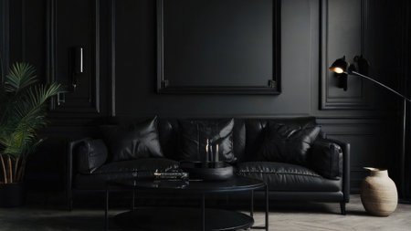 A stylish dark living room features a black leather sofa, a glass coffee table, and subtle lighting creating a moody ambiance.の素材