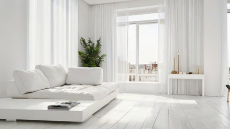 A bright modern living room features a white sofa and large window, showcasing minimalist and clean interior design.の素材
