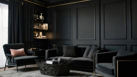 A luxurious dark living room with black velvet seating and gold accents, showcasing a sophisticated and modern interior design.の素材