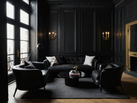 A dimly lit, luxurious living room features black leather furniture, gold accents, and large windows.の素材