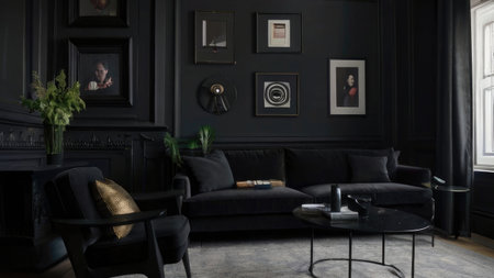A modern, dark living room features black velvet furniture, artwork, and plants creating an elegant and sophisticated atmosphere.の素材