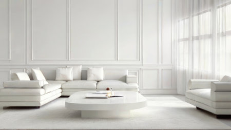 A bright, modern living room featuring a white sectional sofa, a white coffee table, and sheer curtains, all against a white paneled wall.の素材