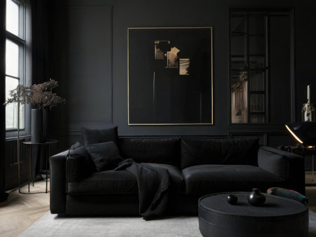 A stylish dark living room features a black velvet sofa, artwork, and  minimalistic decor creating a sophisticated atmosphere.の素材