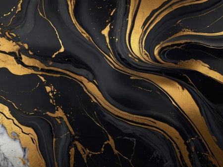 An abstract image featuring swirling black and gold paint creating a luxurious and elegant marble effect.の素材