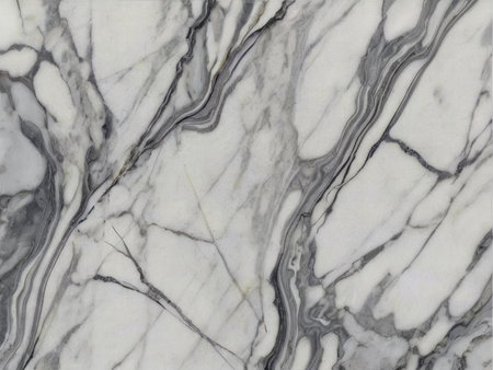 A detailed close up image showcasing the abstract gray and white veining pattern of a marble stone texture.の素材