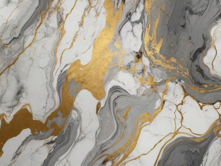 The image shows an abstract artwork featuring a swirling blend of grey white and gold creating a luxurious marble effect.の素材