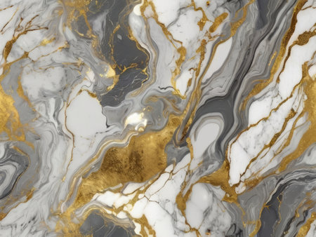 An abstract image featuring a swirling marble design in shades of grey, white, and gold, creating a luxurious and elegant effect.の素材
