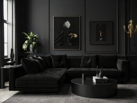 A modern dark living room featuring a black velvet sectional sofa, a round coffee table, and dark artwork.の素材