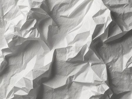 A close-up abstract image showing the texture of heavily crumpled white paper with varying shades of gray from light and shadow.の素材