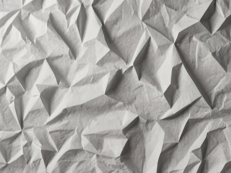 A close-up image shows the abstract texture of heavily crumpled grey paper, creating a complex interplay of light and shadow.の素材