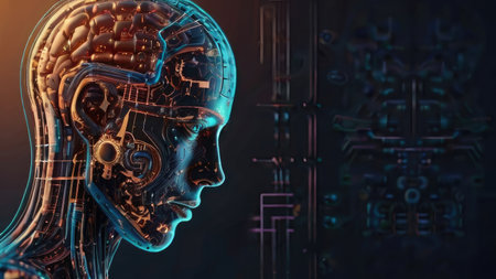 A detailed digital rendering of a transparent robotic head showcasing its internal mechanisms and circuitry.の素材