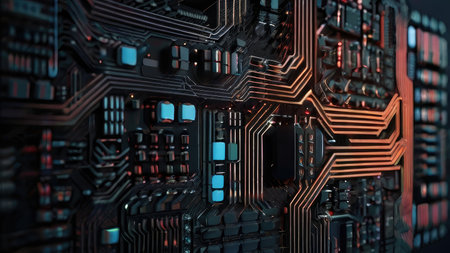 A detailed close up of a complex and intricately designed futuristic circuit board with glowing components.の素材