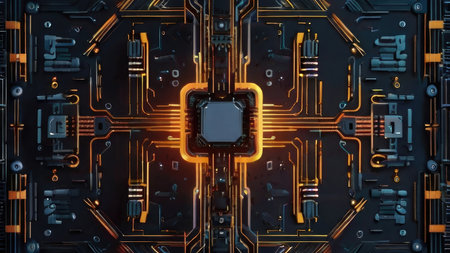 A detailed close-up image of a stylized futuristic circuit board with a central processing unit.の素材