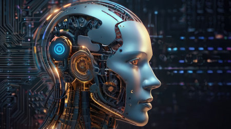 A detailed close up view of a sophisticated robotic head reveals its intricate mechanical inner workings.の素材