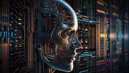 The image depicts a detailed close-up of a transparent robotic head, showcasing its intricate internal mechanisms against a backdrop of complex circuitry.の素材