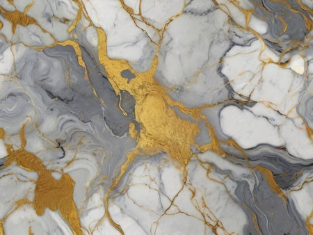 The image shows an abstract artwork featuring a blend of grey and white marble with striking gold accents creating a luxurious and elegant visual texture.の素材