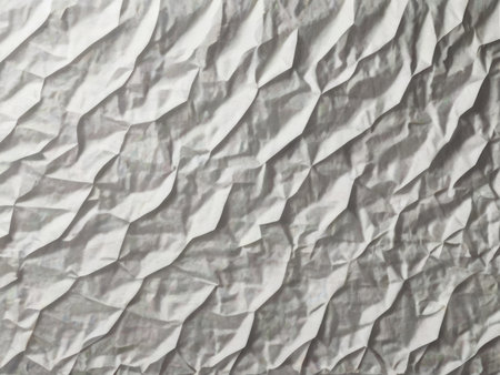 A close-up image showing an abstract texture of grey and white crinkled paper, resembling folds or a crumpled surface.の素材