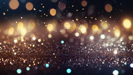 A dark background features out of focus golden lights and sparkling glitter, evoking a festive and magical atmosphere.の素材