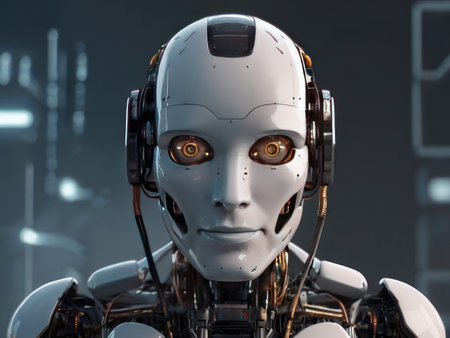 A detailed close-up portrait of an advanced humanoid robot wearing a headset, showcasing realistic facial features and intricate mechanical details.の素材