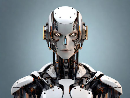 A close-up image of a sophisticated female robot with a detailed mechanical design.の素材