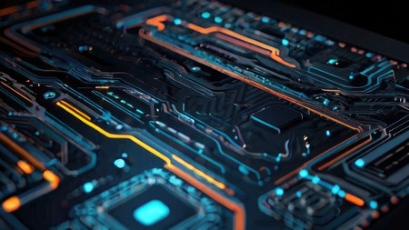A close up of an abstract image depicting a futuristic circuit board with glowing orange and blue lines.の素材