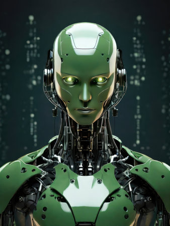 A close-up portrait of a sleek green humanoid robot with glowing eyes, showcasing its advanced mechanical design.の素材