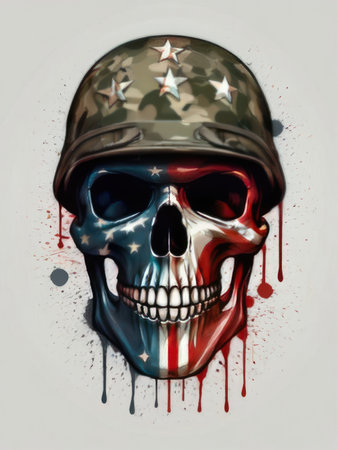 Skull painted in the colors of the United States flag with paint splashes.の素材