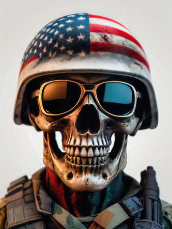 American soldier with skull and american flag. American military concept.の素材