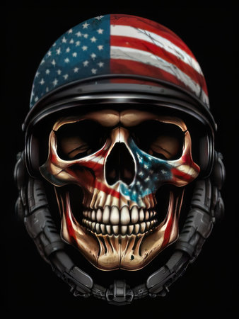 Skull in helmet with american flag. 3d illustration.の素材