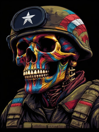 Skull in the helmet of a soldier. Illustration on black background.の素材