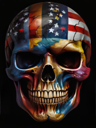 Human skull with american flag on black background. Halloween concept.の素材